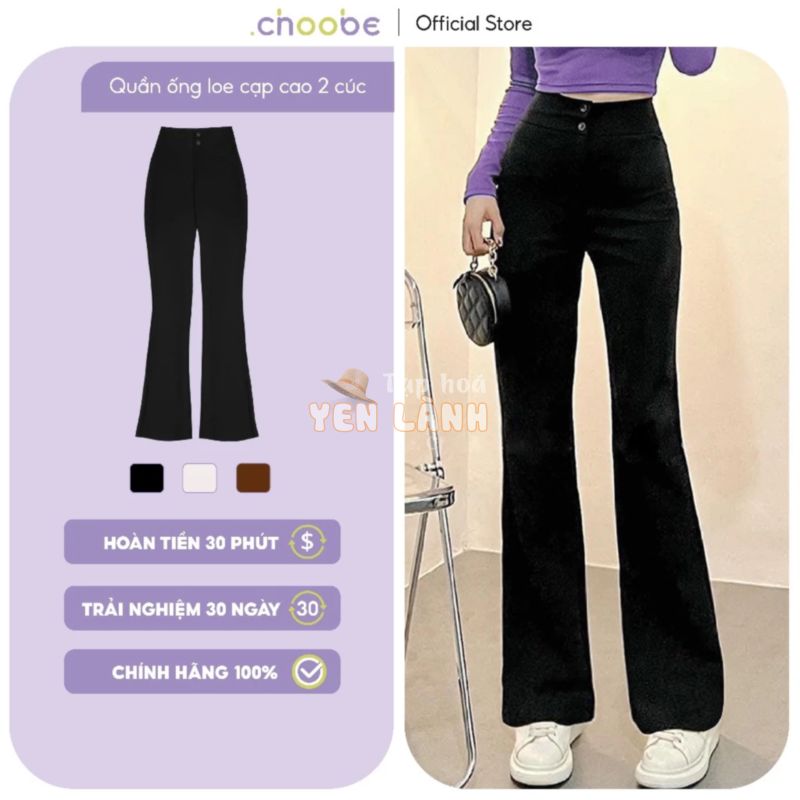 Quần ống loe Choobe lưng cạp cao 2 cúc baggy vải nữ dài suông loe culottes màu đen nâu ghi sữa