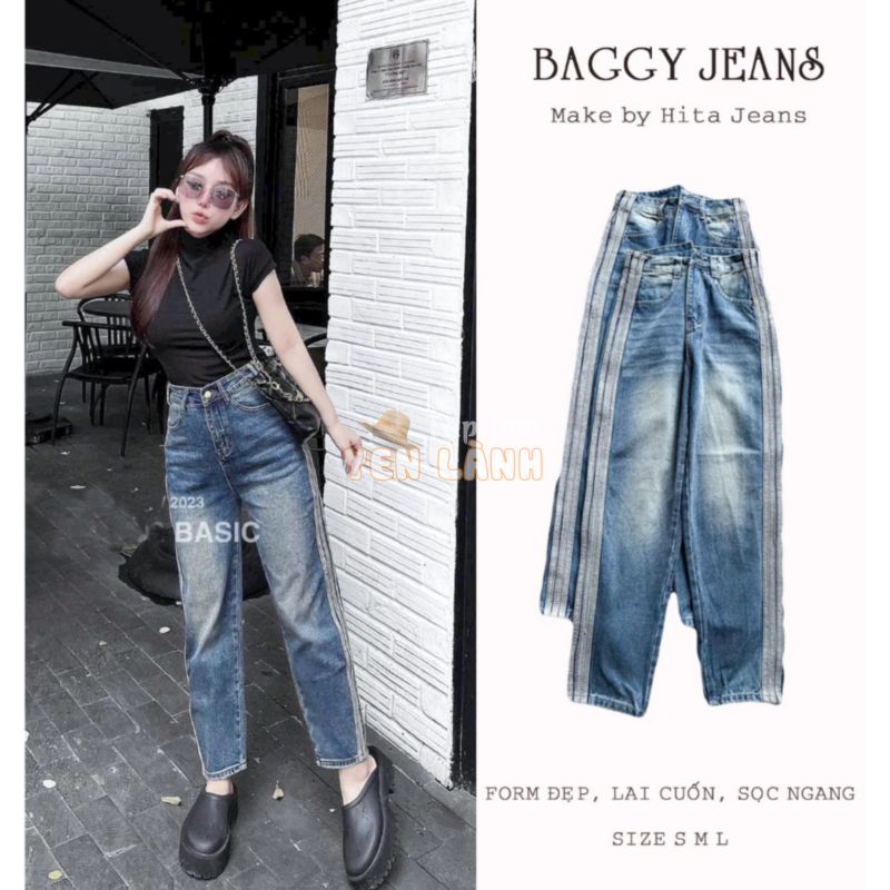 [BGLO063] QUẦN BAGGY JEANS NỮ LƯNG CAO SỌC TRẮNG DỌC HÔNG MÀU XANH ĐẬM ĐƠN GIẢN ĐẬM CHẤT NỮ TÍNH HITA