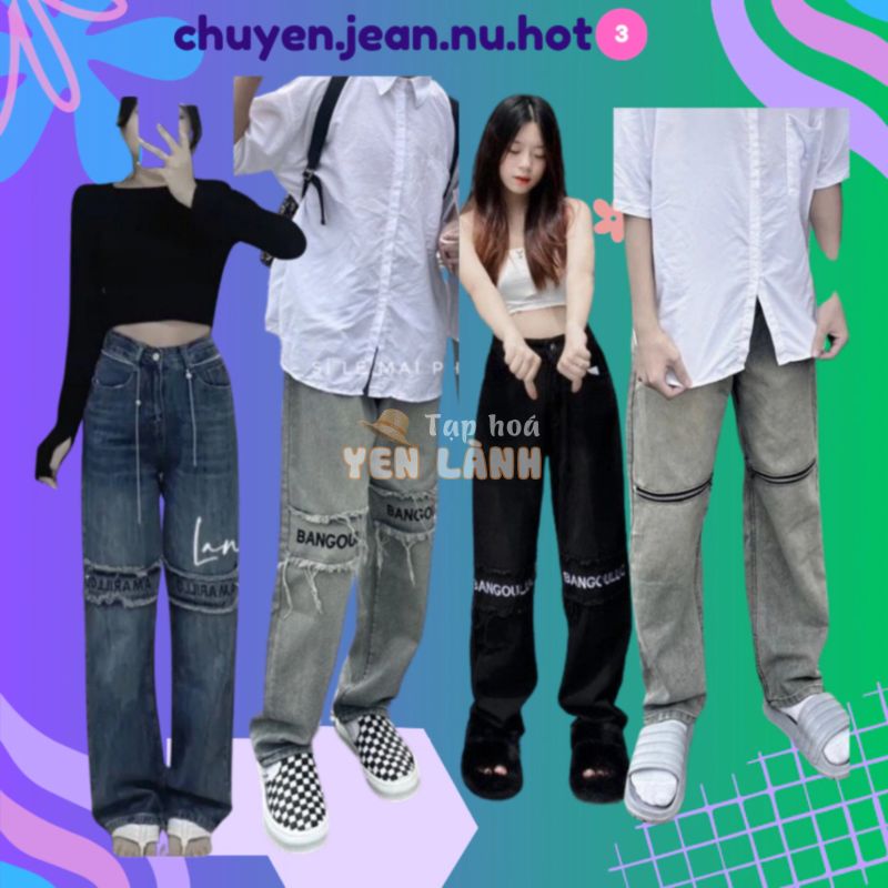 Quần jean bò ống rộng suông xuông nữ quân rin baggy jeans cạp cao thêu chữ khóa gối 2399 HOT 2024