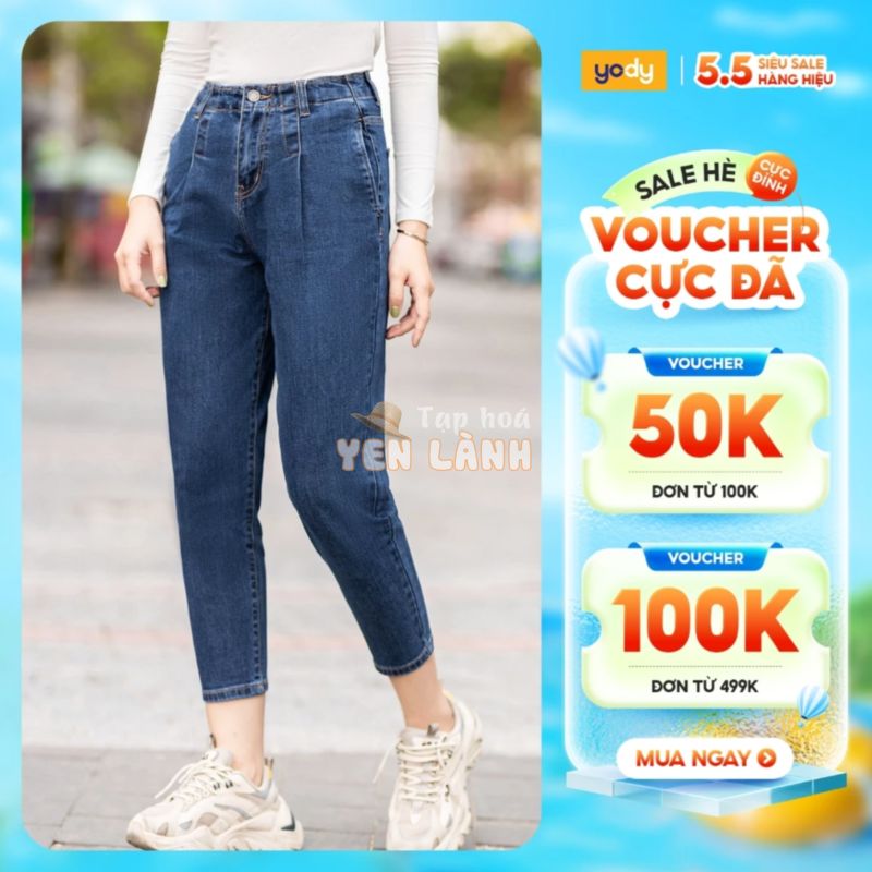 Quần Jean Baggy Lưng Cao Nữ YODY Cạp Cao, Vải Bò Co Giãn Ống Lửng QJN3076