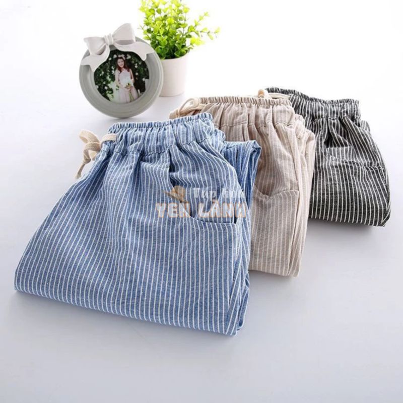 Quần baggy nữ lưng thun vải thô 100% cotton thoáng mát form suông rộng rãi thoải mái kẻ sọc phong cách Nhật Akira Store