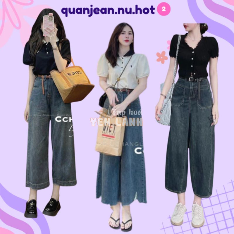 Quần bò jean nữ baggy ống đứng suông xuông rộng loe xòe xẻ cắt gấu jeans cạp cao cao hot 2024