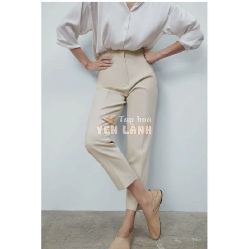 Quần baggy dài ZARA xuất Âu xịn công sở basic lưng cao màu trắng kem, be