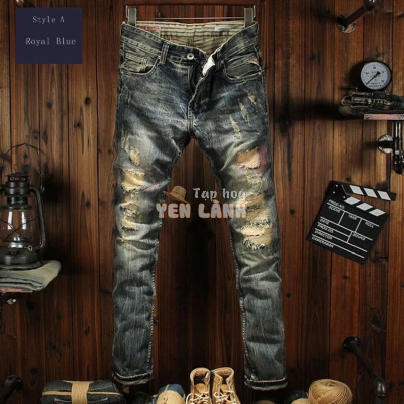 Xie Tinfeng Người Nổi Tiếng Va Chạm Phong Cách Cao Cấp Dạo Phố Quần Jean Nam Slim-fit Chân Nhỏ Rách