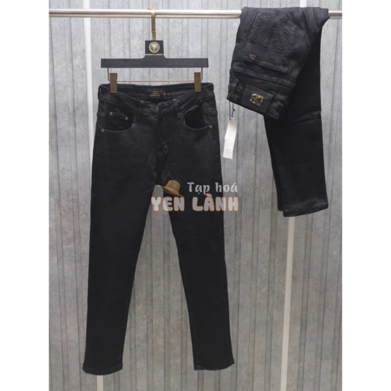 Quần jean bò nam Dolce slimfit đen trơn phối túi sau dập nổi vân chữ DG monogram tag logo sắt basic QJ293P