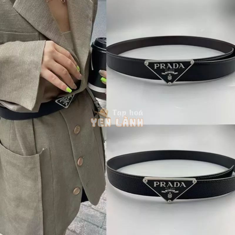 PRADA Chính Hãng Da Thật Chính Hãng Khóa Tự Động Thắt Lưng Quần Jean Nam Nữ Tam Giác Logo Sáng Bóng Thắt Lưng