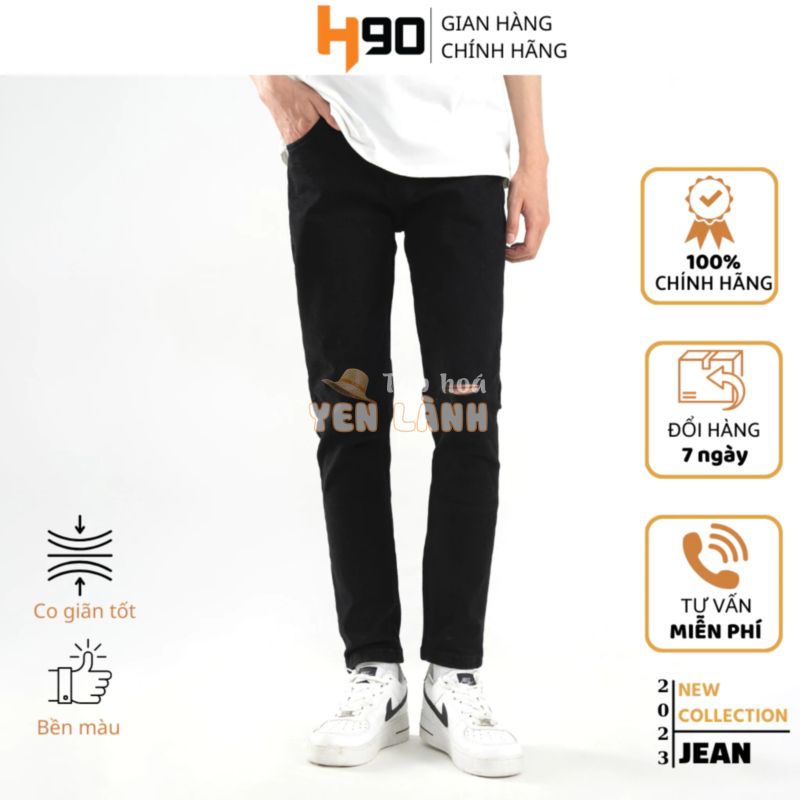 Quần Jean H90 Nam Đen Trơn, Rách, Ống Côn Ôm Dáng Slimfit Chất Bò Cotton Co Giãn QDJ01