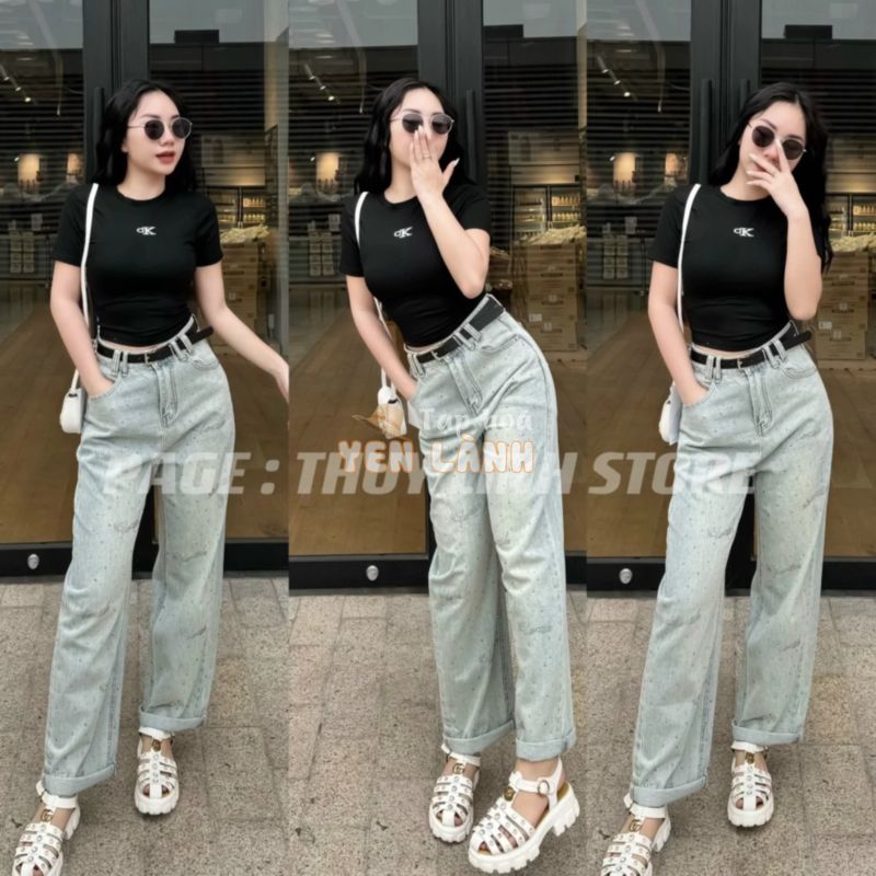 Quần Jeans Baggy Đính Đá Bling Bling Lưng Cao Tôn Dáng Đứng Form Cao Cấp