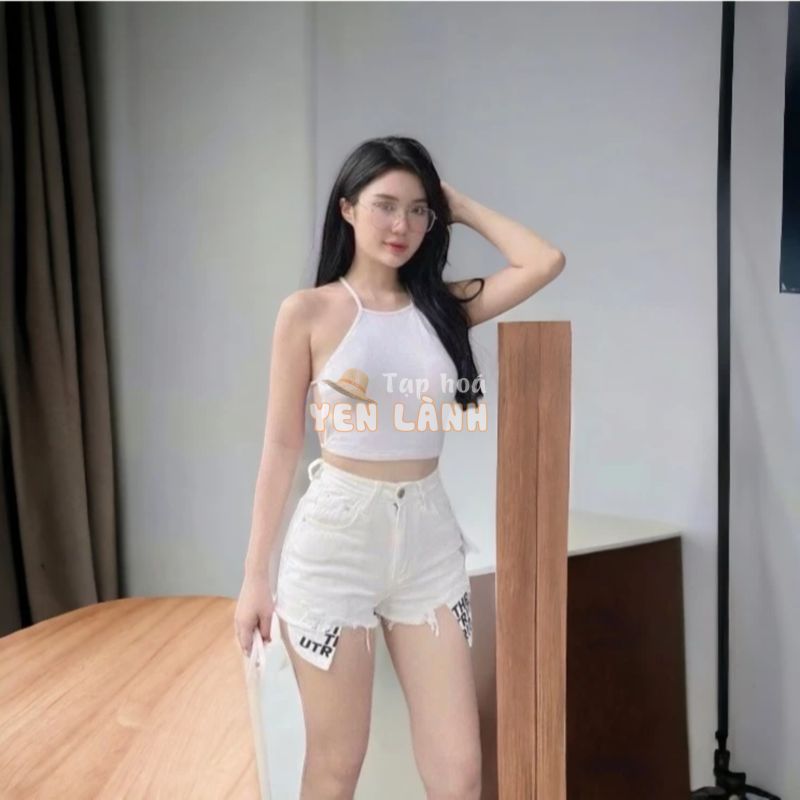 Quần short jean nữ lưng cao túi rách in chữ phong cách độc lạ