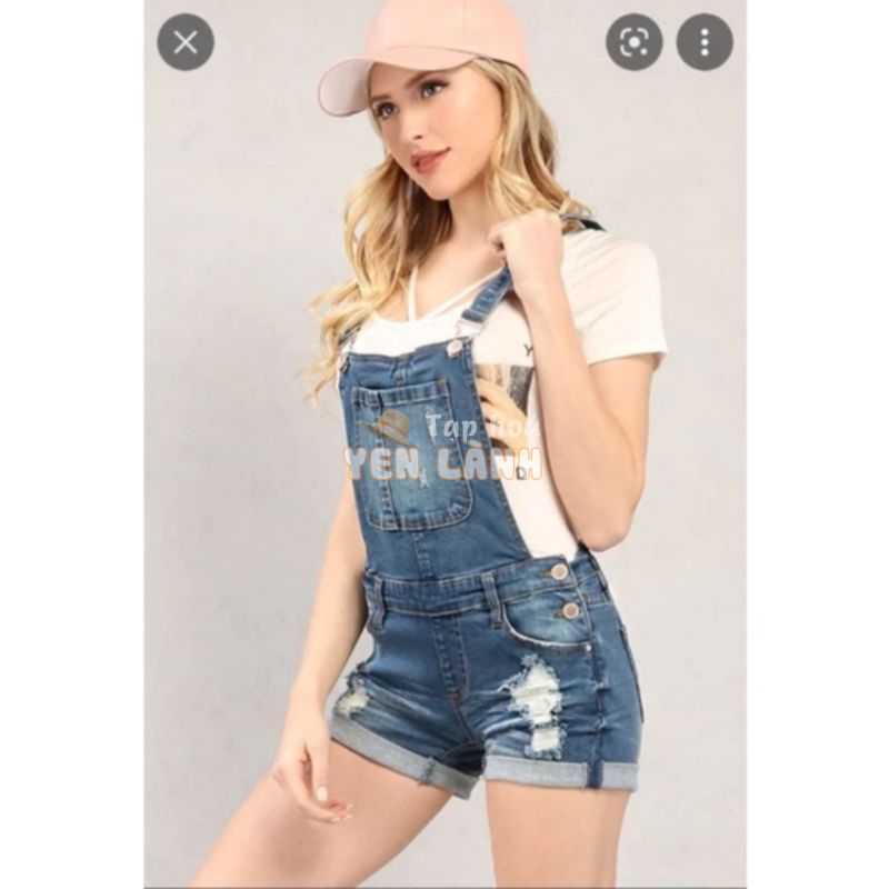 Yếm jean đùi ngắn rách vnxk f21 women denim short rip overall quần yếm có túi xuất khẩu dư xịn