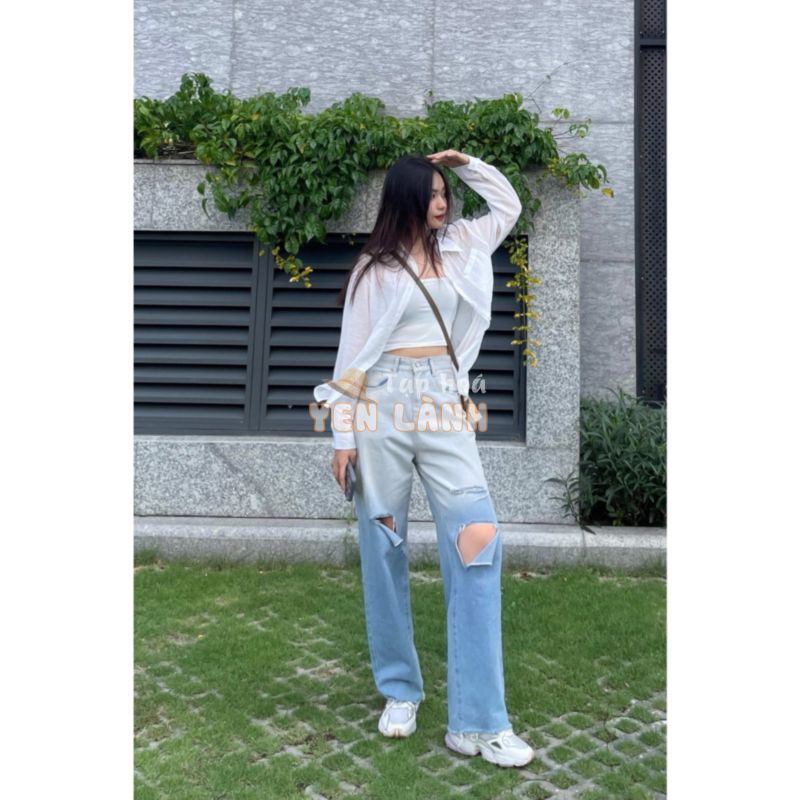 Quần bò ống rộng nữ cạp cao quần jeans ống rộng lưng cao, vải bò dày đẹp , không giãn ,dáng suôngwash hai màu