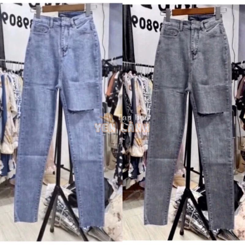 [Bigsize 32-36] Quần Jean Nữ Skinny Rách Đùi, Xanh Nhạt/Xám Lưng Cao Qua Rốn, Dài 98cm Độ Co Giãn 10cm