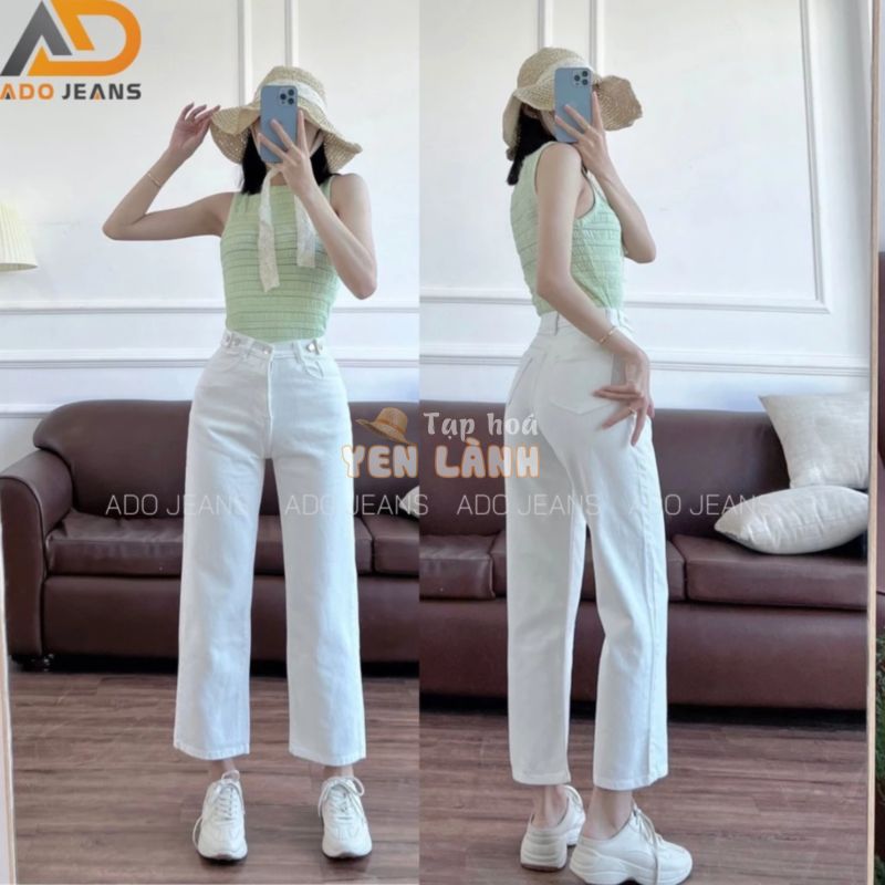 Quần Jean dài đai chỉnh eo, lưng cao màu trắng siêu đẹp ADO JEANS.