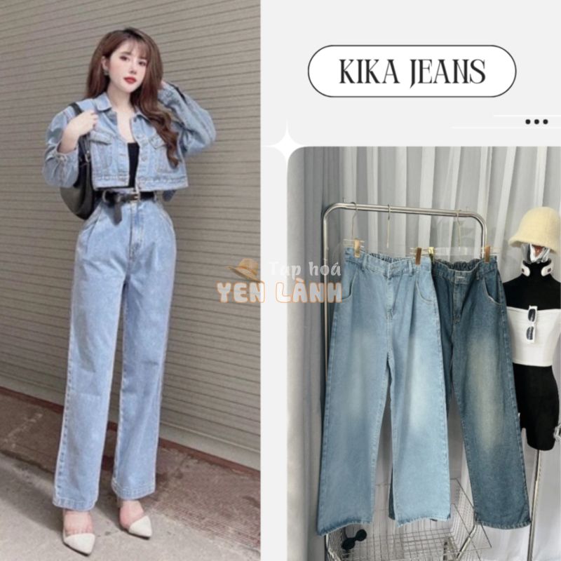 Quần jean nữ Bigsize từ 55kg-85kg ống rộng lưng thun, quần suông cạp cao bo thun hách dáng Ms71 Kikajeans