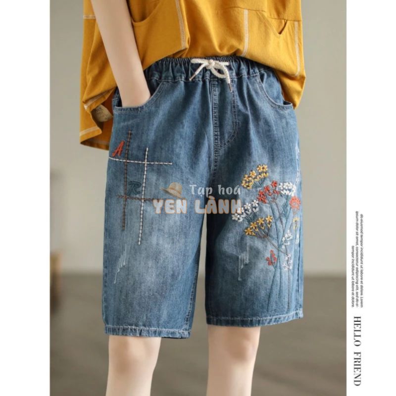 Quần Jeans Nữ Lưng Thun Cột Dây Thêu Hoa Thời Trang