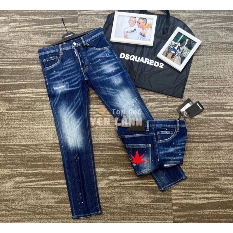 Quần Jean Biker Lá Phong Đỏ Loang Màu Hàng Đẹp – Quần Jeans DSQUARED Họa Tiết Lá Phong Nam Chất Dày Dặn