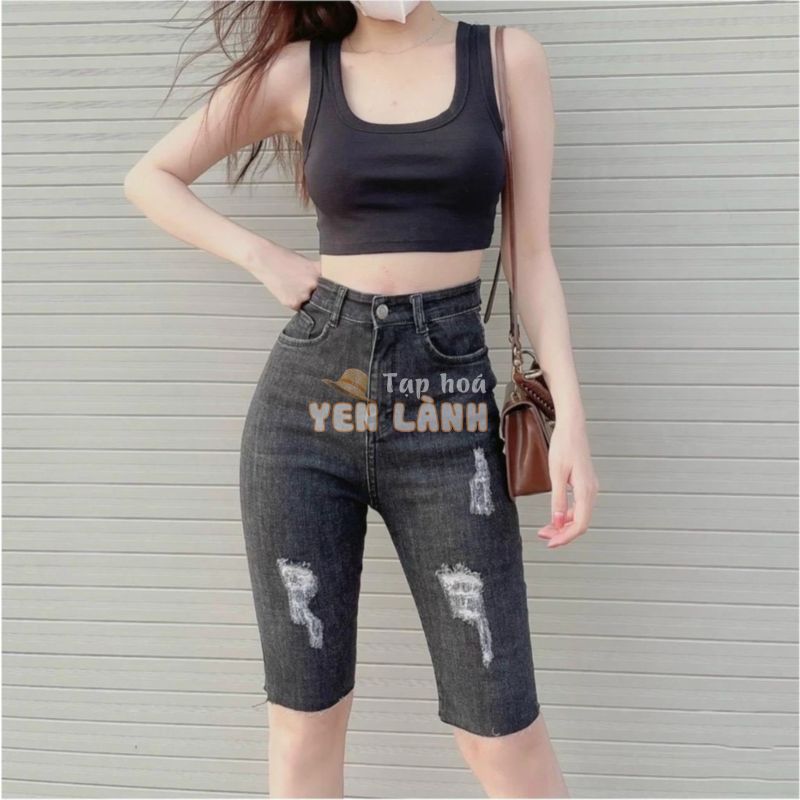 Quần Jeans Ngố BigSize Dáng Lửng Ngang Gối Phom Ôm Lưng Cao Co Dãn Mạnh Màu Xám Lông Chuột Loang Màu Rách Kiểu 4276