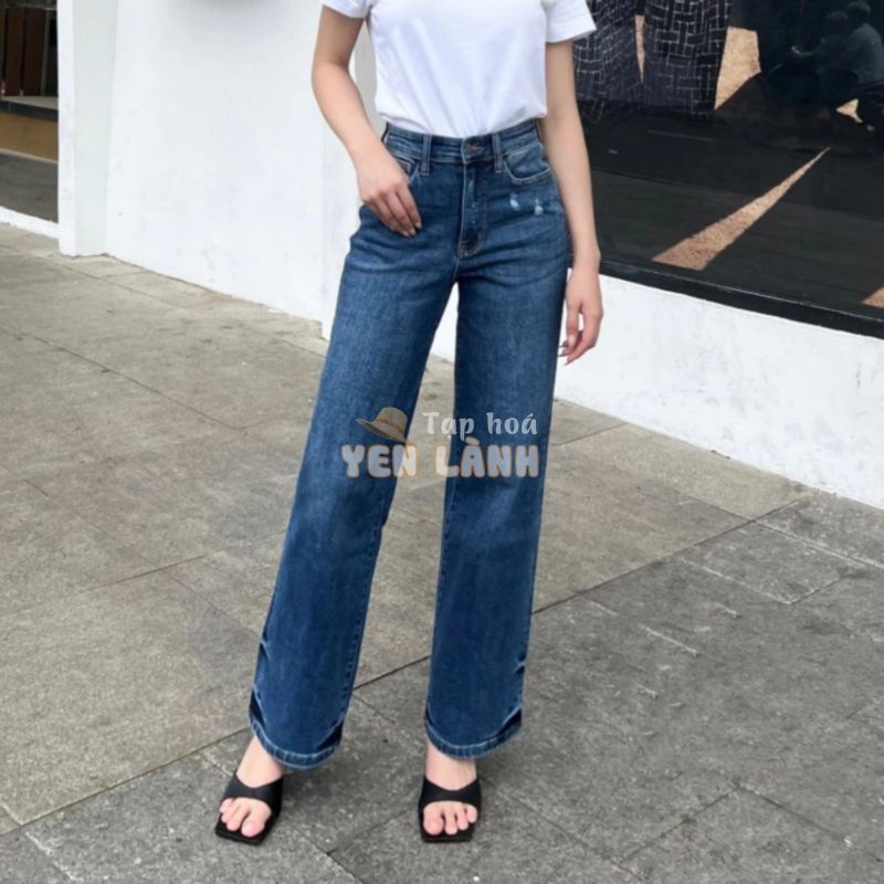 Quần Jeans Nữ Ống Suông Rộng LS-03D Lưng Cao Co Giãn Nhẹ, Màu Xanh Đậm Hoạ Tiết Rách Cách Điệu (CÓ BIGSIZE)