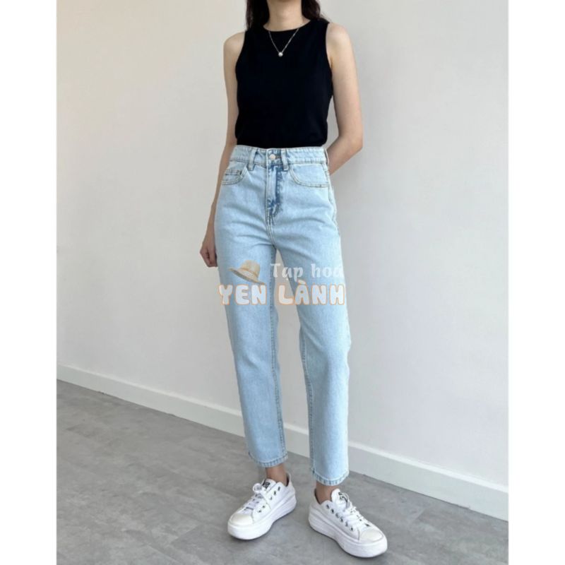 Quần Baggy REDE M-01 Jeans Nữ Lưng Cạp Cao Form Mom Fit Ôm Vừa Màu Xanh Sáng Sang Trọng