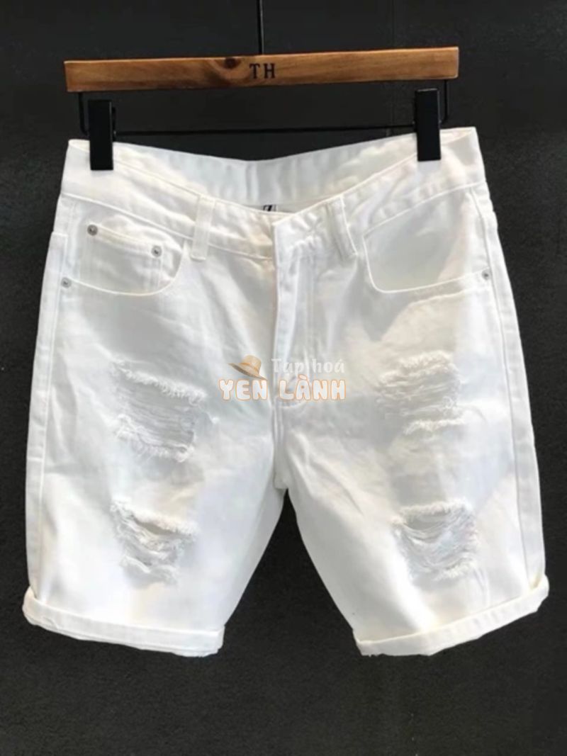 Quần short jean nam cao cấp trắng rách bụi bặm MS017