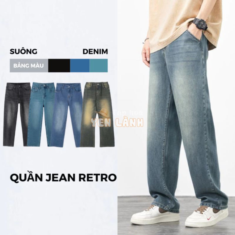 Quần jean nam SUÔNG ống rộng đứng form rộng lưng cao RETRO WASH Vàng 2 màu đen xanh trơn basic FABUMAN chất bò co giãn