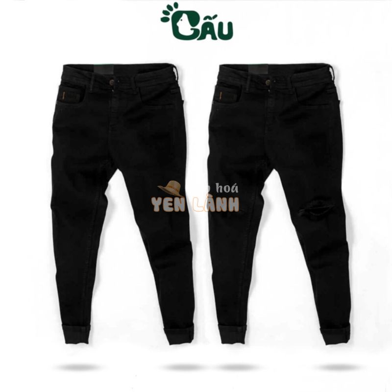 Quần jean nam đen Gấu 194 trơn & rách vải jeans bò cotton duck cao cấp mềm mịn, co dãn – form slim fit [có Bigsize]