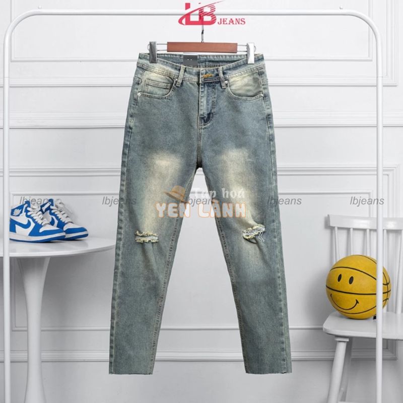 Quần Jean Nam Lb, Vải Jean Denim Co Giãn, Màu Xanh Sáng Trơn Thời Trang , Phom Slim, Chiều Dài quần 92cm