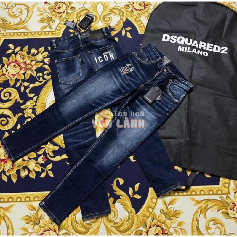 Quần Jean Nam DSQ2 Xanh Đậm Wash Bạc Thêu Hình Cún In Chữ Trắng Dsquared2 Túi Hậu Siêu Nét