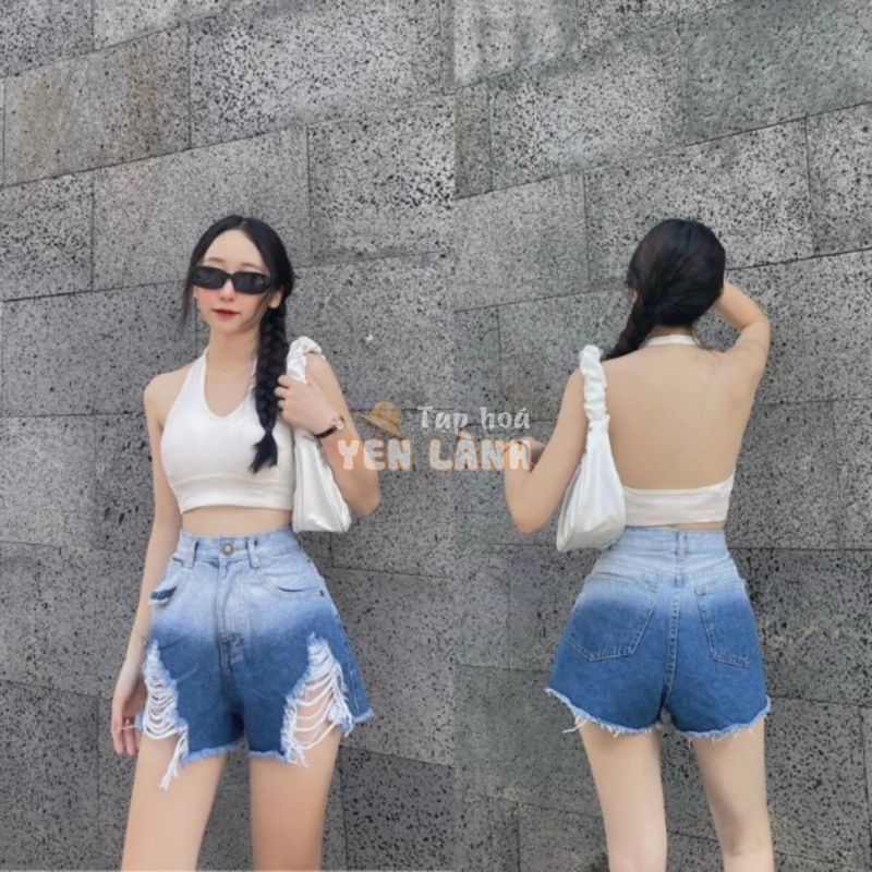 Quần short jean nữ lưng cao phối rách denim cotton không co giãn, rin ngắn phối rách cá tinh (S12)