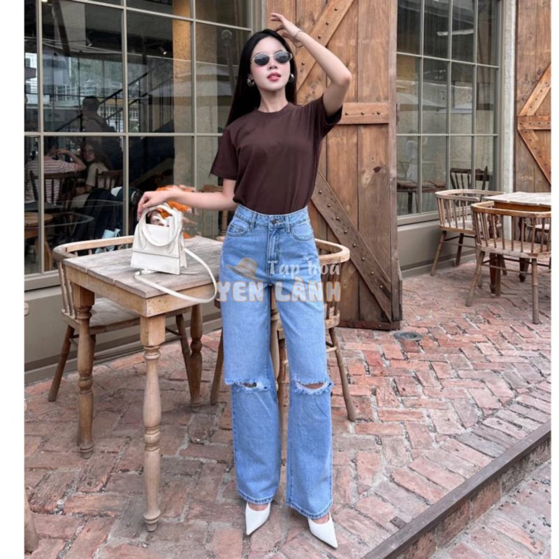 Quần Jeans Nữ REDE LR-02A Ống Suông Rộng, Lưng Cao, Xanh Rách Gối, Xước Nhẹ Hông/Túi Sau Trendy