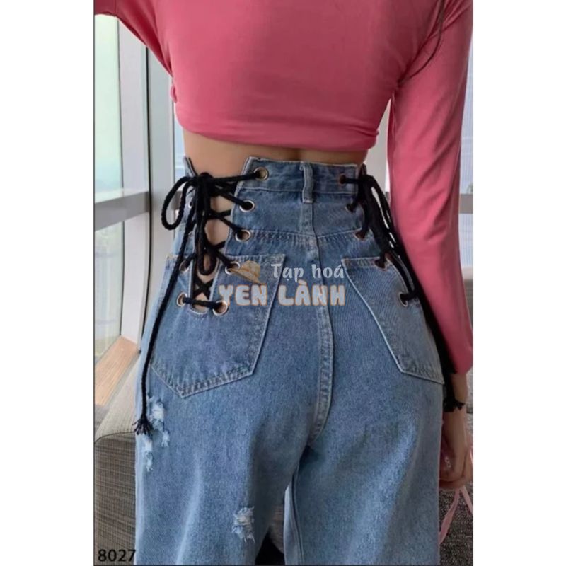 Quần jeans nữ đan dây eo sexy,Quần Jean ống suông rộng nữ cạp cao, dáng dài, quần bò nữ ống rộng