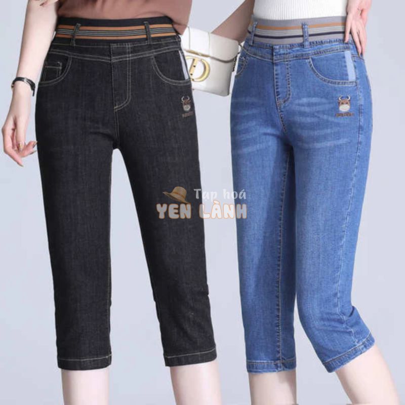 Quần cắt denim mùa hè Phụ nữ 50 tuổi cạp cao Mẹ quần short giản dị eo thun kéo dài giữa rộng rãi