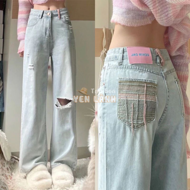 Quần Jeans Nữ Ống Rộng Cạp Cao Rách Gối Phong Cách Hàn Quốc Đường Phố Hàng Quảng Châu Chất Liệu Dày Yame Clothing