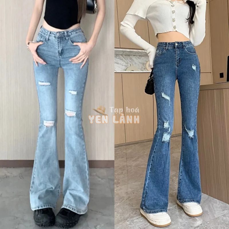 Quần Jeans Loe Ống Bát Màu Xanh Đậm Rách Lưng Cao Co Dãn Mạnh 4431 0103