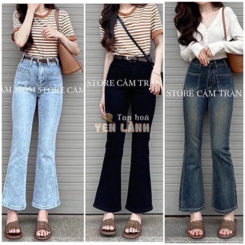 Hot  Quần jean nữ ống loe lỡ 9 tấc lai cuốn túi kiểu vuông trước 89cm(m45-m55)  KLii jeans sẵn