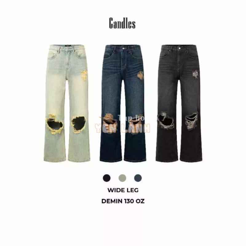 Quần jeans nam nữ dáng rộng CANDLES DENIM KNEE BLOW-OUT thiết kế rách to dưới đầu gối denim 13oz chính hãng