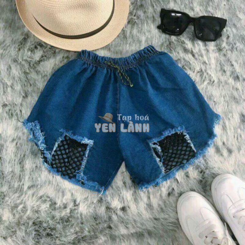 Quần short jean rách phối lưới