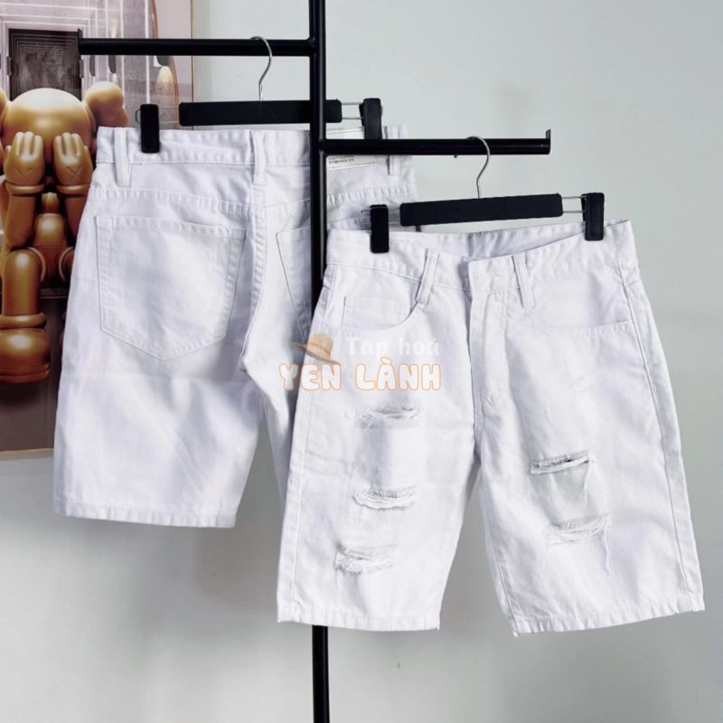 [Max 3380] Quần short jean cotton nam không co dãn basic trắng rách có lót, size lớn [Tnhung]