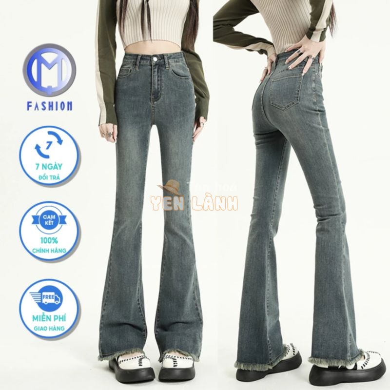 Quần jean nữ ống loe cạp cao co giãn bigsize cao cấp M Fashion lai tua hàn quốc