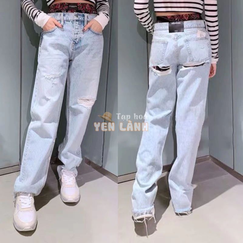 Alexander Wang Live Shot New Ripped Fake Two Pieces Straight-Leg Frayed Hem Denim Trousers Super Versatile Ripped Jeans