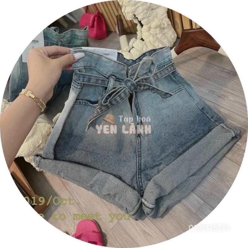 Quần sọt jeans ngắn nữ đai cao tôn dáng màu loang có nơ thắt phong cách ullzang