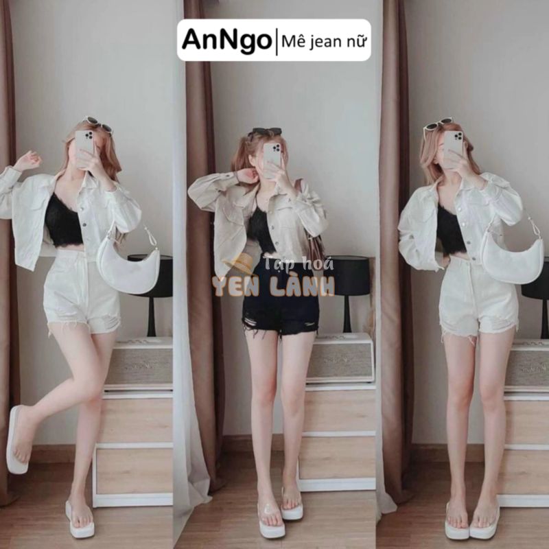 Quần short jean nữ trắng rách gối style sang xịn, dễ phối đồ Anngo – AT199B