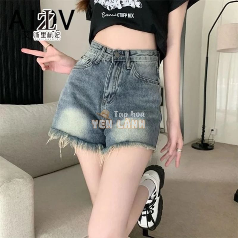 ZHELIHANGFEI Quần short jean vải denim lưng cao viền thô thời trang phong cách Hàn Quốc