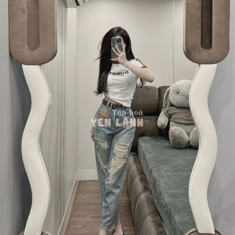 Quần Jeans Baggy Xắn Gấu Rách Lưng Cao Kèm Belt Cao Cấp