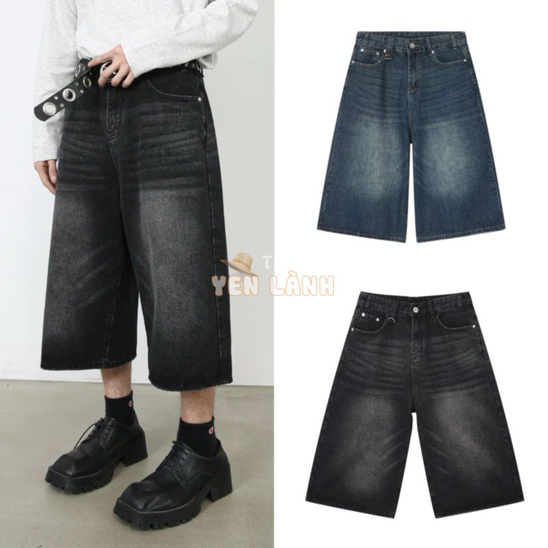 Quần jeans short dáng wideleg ống rộng màu xanh indigo jort phong cách streetwear, chicano, y2k Brokeboiz