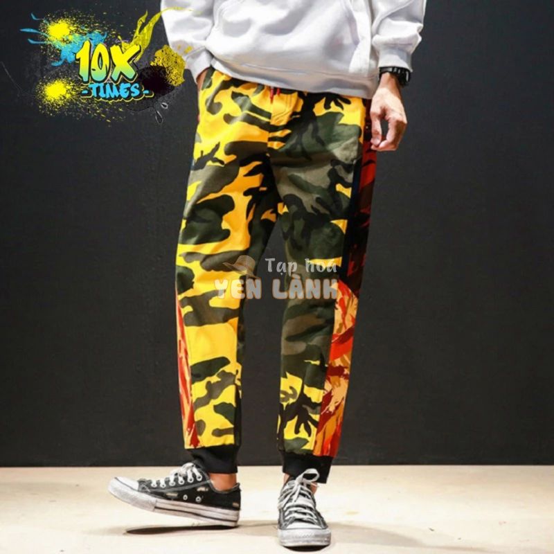 Quần jogger kaki họa tiết rằn ri nam nữ camo quân đôi cá tính màu đỏ phối vàng cá tính