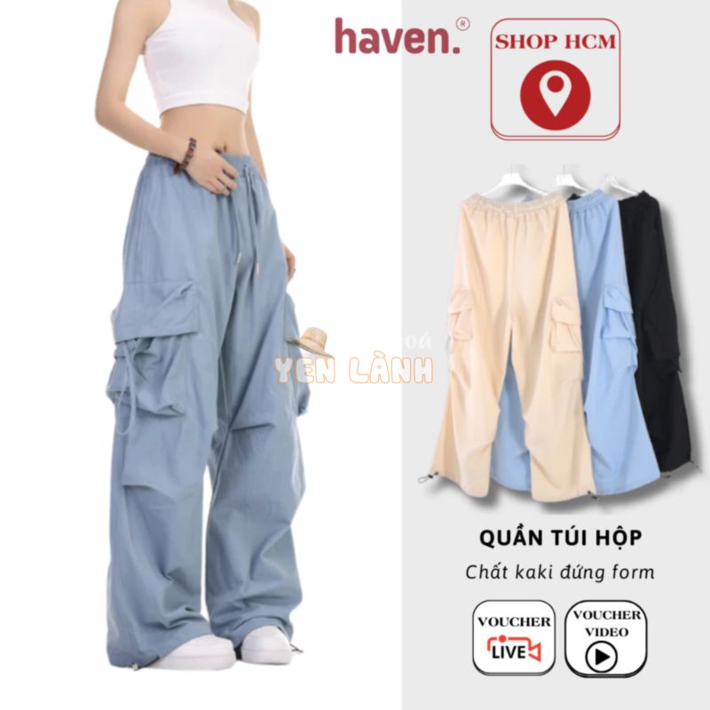 Quần Cargo Pant túi hộp nữ ống rộng Haven cotton, dây rút jogger, bigsize, màu đen, đỏ, xanh, trắng, kem