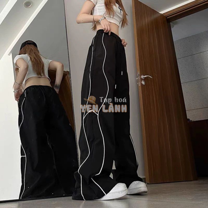 Quần dù ống rộng dây rút, quần dài dù jogger đen phối viền trắng Boin Store form rộng unisex nam nữ ống rộng retro