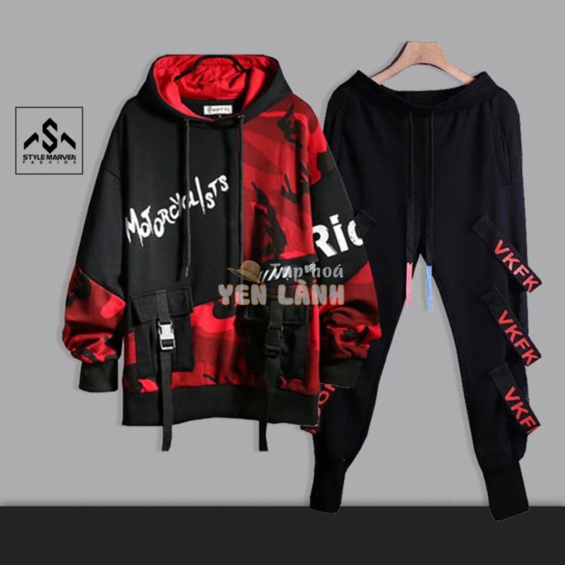 Bộ đồ nam vải thun da cá STYLE MARVEN Hoodie rằn ri mix quần Jogger phối dây cá tính thời thượng – SET NAM 9000089