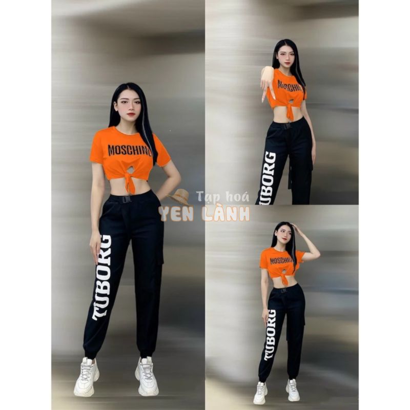 Set bộ phối áo Moschino chất thun quần Tubor chất Kaki tập nhảy zumba, dân vũ, đồng phục đội nhóm biểu diễn nữ